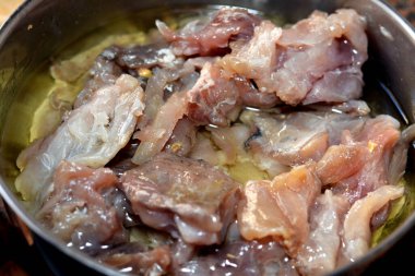 Mısır 'daki sahte El Nessim festivali bahar kutlamaları sırasında geleneksel bir kutlama yemeği olan Mugil türünün mayalanmış, tuzlanmış ve kurutulmuş gri tekir balığı olan Fesikh.