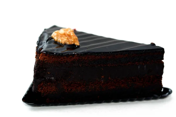 Fudge Chocolate Cake Tart Triangular Piece Made Fudge Cake Walnut — Zdjęcie stockowe