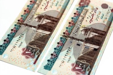 100 LE 100 £100 Mısır para banknotları serisi 2014 yan tarafları beyaz arka planda izole Sultan Hasan camii, seçici odak Mısır para banknotları