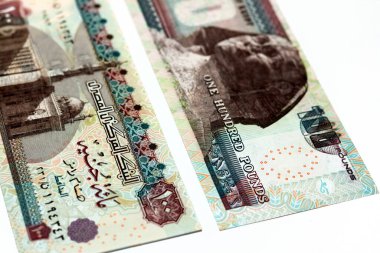 100 LE 100 £ters ve yüz Mısır para banknotları Beyaz arka planda izole Sultan Hasan cami ve Sfenks, Mısırlı para banknotları seçici odaklı