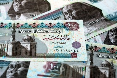100 LE 100 Pound para yığını 2014 serisi banknotlar, ters tarafta Sultan Hasan camisi ve ters tarafta ise Giza Sfenksi, Mısır para banknotlarının seçici odak noktası