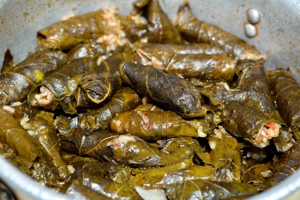 Closeup Arabic Egyptian Traditional Cuisine Mahshi Stuffed Wrapped Grape Leaves — Stok fotoğraf