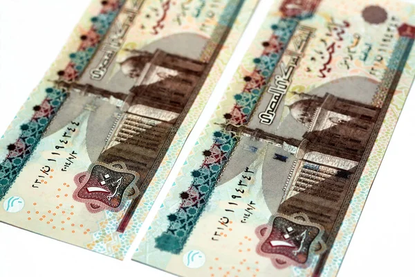 100 LE 100 £100 Mısır para banknotları serisi 2014 yan tarafları beyaz arka planda izole Sultan Hasan camii, seçici odak Mısır para banknotları