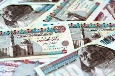 100 LE, 50 LE 'lik Mısır para banknotları yığını, 100 Pound ve 50 Pound' luk yığının seçici odak noktası Sultan Hassan, Abu Hurayba camileri, Sfenks ve Edfu Tapınağı 'dır.