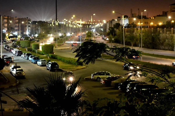 Gizeh Egypte Mai 2022 Les Véhicules Les Voitures Mouvement Nuit — Photo