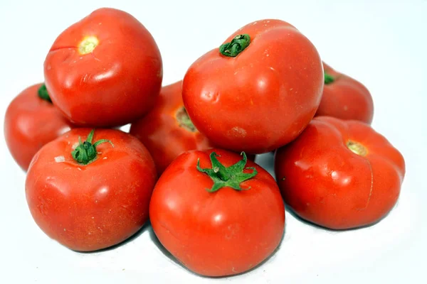 白色背景下分离的新鲜红番茄堆 新鲜生有机番茄的选择焦点 健康食品农业素食概念 — 图库照片