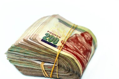 Katlanmış Mısır parası beyaz arka planda izole edilmiş, 200 LE 200 Mısırlı 200 pound nakit para banknotları lastik bantlarla katlanmış, bantta oturan katipin resmi, seçici bir odaklanma