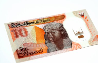 Yeni Mısır 10 LE EGP 10 pound plastik polimer banknot ters odak Eski Mısır kraliçesi Hatshepsut heykeli ve beyaz izole piramit içerir