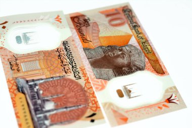 Yeni Mısır 10 LE EGP 10 pound plastik polimer banknot İdari başkentin büyük camisi Al-Fatah Al-Aleem, Kraliçe Hatshepsut ve beyaz arka planda izole edilmiş piramit yer alıyor.