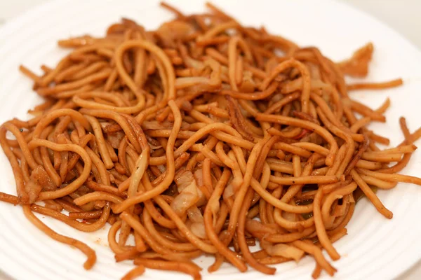 Traditional Chinese Noodles Onions Soy Sauce Spices Selective Focus Plate — Stock Fotó