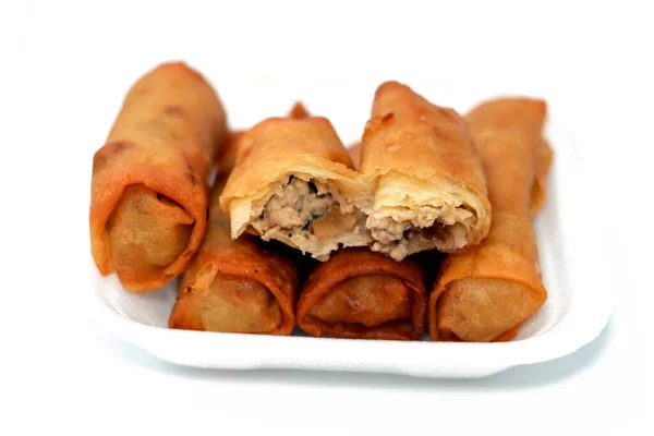 Chinese Food Cuisine Recipe Spring Rolls Stuffed Filled Chicken Pieces — Photo