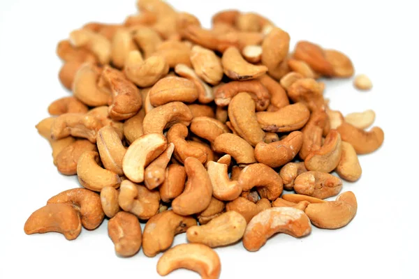Pile Peeled Roasted Salted Cashew Nuts Seeds Isolated White Background — Foto Stock