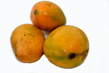 Beyaz zemin üzerinde izole edilmiş taze mango meyvesinin seçici odak noktası, tropikal ağaç Mangifera indikası tarafından üretilen ve boyut, şekil, tatlılık ve renk olarak değişen yenilebilir bir taş meyvedir.