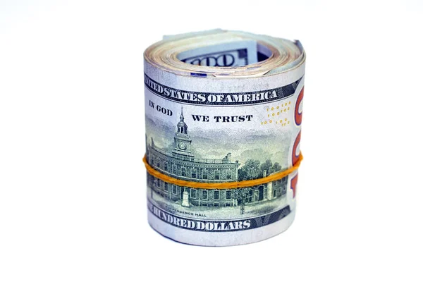 Bundle Money Roll Dollars Isolated White Background Stack One Hundred — Stockfoto