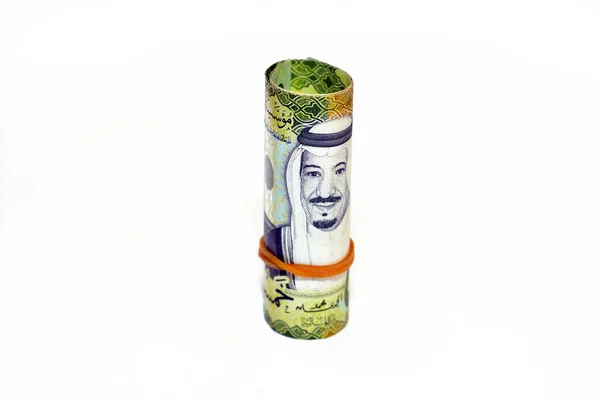 Fifty Saudi Arabia Money Roll Riyals Banknotes Isolated White Background — Stock Fotó