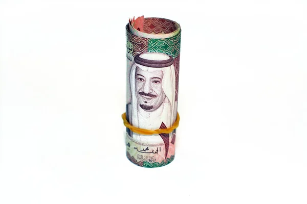 100 Банкнот Саудівської Аравії Виділених Білому Тлі Грошові Купюри Саудівської — стокове фото