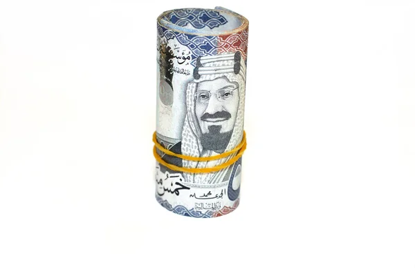 500 500 Банкнот Саудовской Аравии Денежный Рулон Riyals Изолированы Белом — стоковое фото