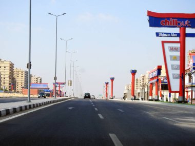 Cairo, Egypt, August 17 2022: Shinzo Abe axis patrol highway in Egypt, the traffic highway is named on former Japanese prime minister with chillout gas station in Jaspanese style, selective focus