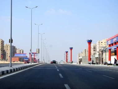 Cairo, Egypt, August 17 2022: Shinzo Abe axis patrol highway in Egypt, the traffic highway is named on former Japanese prime minister with chillout gas station in Jaspanese style, selective focus