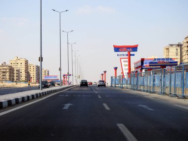 Cairo, Egypt, August 17 2022: Shinzo Abe axis patrol highway in Egypt, the traffic highway is named on former Japanese prime minister with chillout gas station in Jaspanese style, selective focus