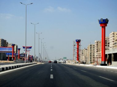 Cairo, Egypt, August 17 2022: Shinzo Abe axis patrol highway in Egypt, the traffic highway is named on former Japanese prime minister with chillout gas station in Jaspanese style, selective focus