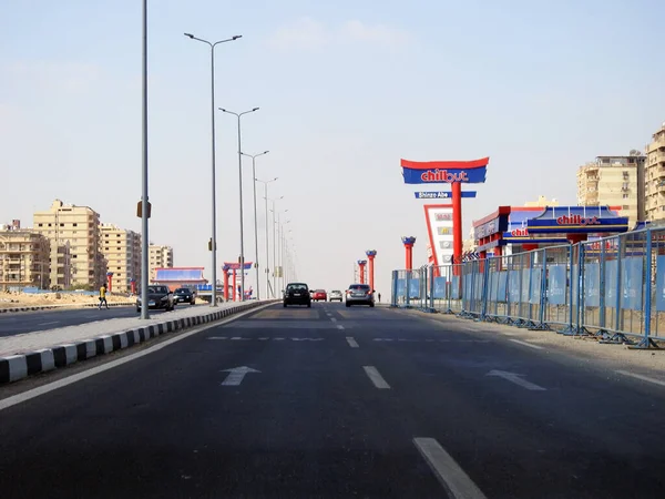 Cairo, Egypt, August 17 2022: Shinzo Abe axis patrol highway in Egypt, the traffic highway is named on former Japanese prime minister with chillout gas station in Jaspanese style, selective focus