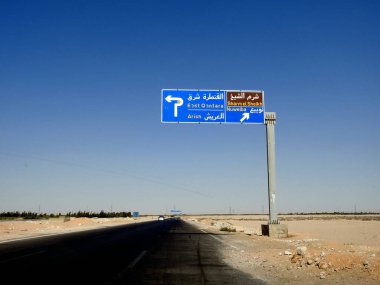 South Sinai, Egypt, August 12 2022: a direction sign board in South Sinai gives directions of Sharm El Sheikh, East Qantara, Arish and Nuweiba cities in the highway written in Arabic and English