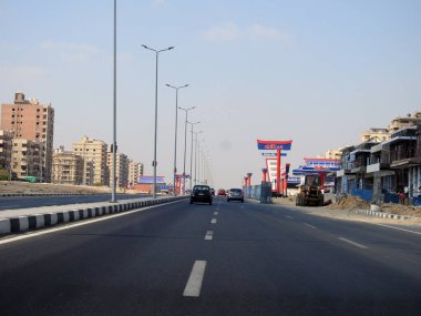 Cairo, Egypt, August 17 2022: Shinzo Abe axis highway in Egypt made on the traditional Japanese style in gas stations and pedestrian bridges, selective focus of Shenzo Abe road