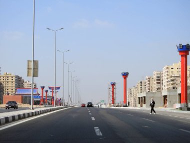Cairo, Egypt, August 17 2022: Shinzo Abe axis highway in Egypt made on the traditional Japanese style in gas stations and pedestrian bridges, selective focus of Shenzo Abe road