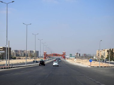 Cairo, Egypt, August 17 2022: Shinzo Abe axis highway in Egypt made on the traditional Japanese style in gas stations and pedestrian bridges, selective focus of Shenzo Abe road
