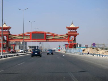 Cairo, Egypt, August 17 2022: Shinzo Abe axis highway in Egypt made on the traditional Japanese style in gas stations and pedestrian bridges, selective focus of Shenzo Abe road