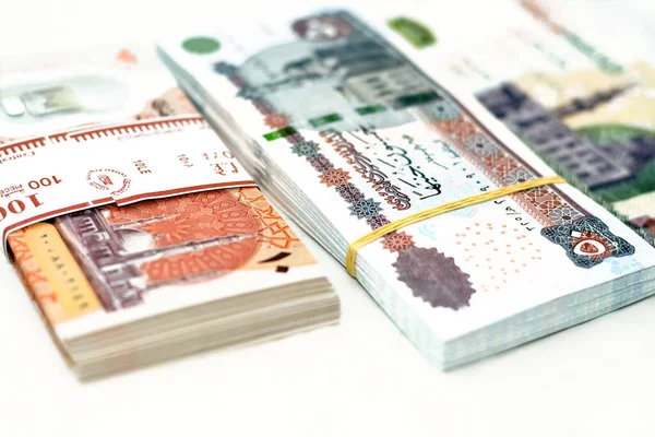 Selective Focus Stack New Egyptian Money Banknotes Currency Different Values — Stock fotografie