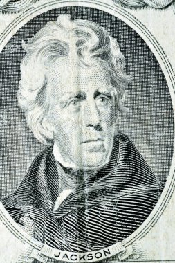 Başkan Andrew Jackson 'ın portresi eski bir 20 dolarlık banknot banknotunun ters tarafından 1995 yılı Amerikan para bankası, klasik retro, Amerika Birleşik Devletleri
