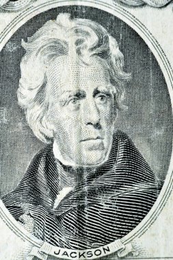 Başkan Andrew Jackson 'ın portresi eski bir 20 dolarlık banknot banknotunun ters tarafından 1995 yılı Amerikan para bankası, klasik retro, Amerika Birleşik Devletleri