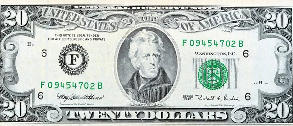 20ドル紙幣銀行券シリーズの大規模な断片1995アンドリュー ジャクソン大統領の肖像画と 古いアメリカのお金銀行券 ヴィンテージレトロ アメリカ — ストック写真