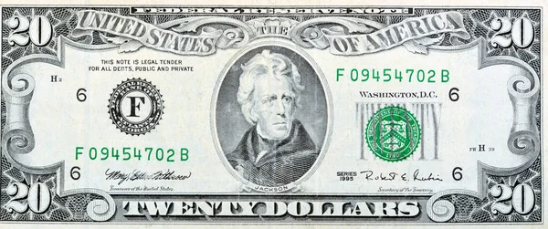 1995年20种20美元钞票系列钞票正面的大块碎片 上面有安德鲁 杰克逊总统的肖像 他是美国旧式钞票 复古时期美国 — 图库照片