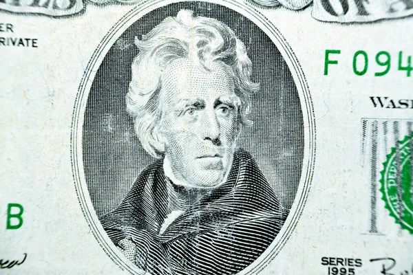 古い20ドル紙幣紙幣シリーズ1995 古いアメリカのお金の銀行券 ヴィンテージレトロ アメリカの米国の反対側からのアンドリュー ジャクソン大統領の肖像 — ストック写真