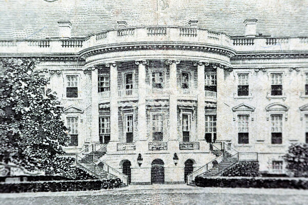 A close up of the white house from the reverse side of 20 twenty dollars bill banknote  money series 1995, old American money banknote, vintage retro, United States of America, selective focus