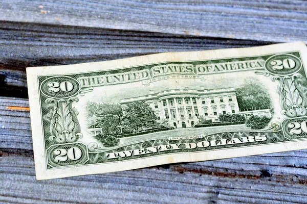 白い家 古いアメリカのお金の銀行券 ヴィンテージレトロ アメリカのお金の写真と20ドル札入れシリーズ1995の裏面木に隔離されたアメリカのお金 — ストック写真