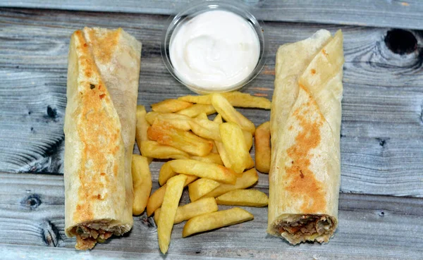 Receta Siria Fondo Cocina Pollo Shawerma Shawarma Envoltura Tortilla Con — Foto de Stock