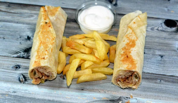 Receta Siria Fondo Cocina Pollo Shawerma Shawarma Envoltura Tortilla Con — Foto de Stock