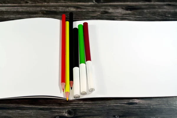 水彩笔和不同颜色的木制铅笔 用于在木头上孤立的白色绘图草图上绘画 回到学校概念 学习用品和教育背景 有选择地聚焦 — 图库照片