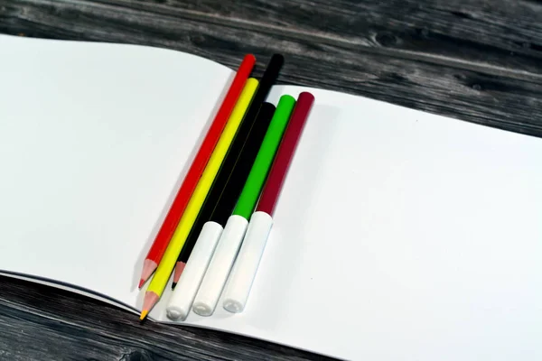 水彩笔和不同颜色的木制铅笔 用于在木头上孤立的白色绘图草图上绘画 回到学校概念 学习用品和教育背景 有选择地聚焦 — 图库照片