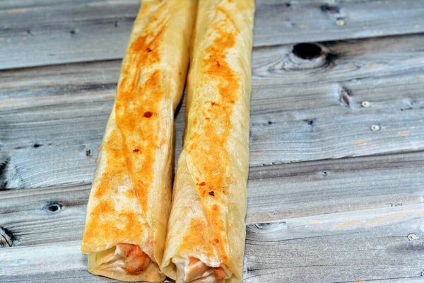 Syryjski Przepis Kuchni Tło Shawerma Kurczaka Lub Shawarma Tortilla Owinięte — Zdjęcie stockowe