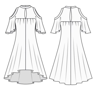 Moda taslak şablonu. Moda tasarımı. Elbisenin teknik çizimi. Önden ve arkadan görünen omuzsuz elbiseler. Kısa kollu giyin..  