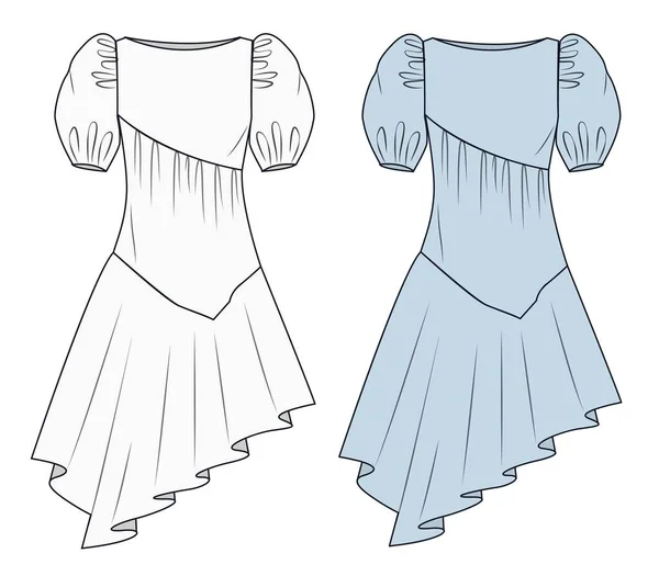 ファッションフラットスケッチテンプレートをドレス ドレス技術的な図面 流行のドレスは白と青です — ストックベクタ