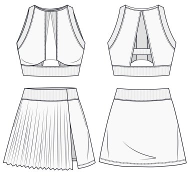 Kadın Üstü ve Etek Düz Şablonu. Spor moda tasarımı seti giyer. Etekli Kızlar Spor Sütyen. Teknik moda illüstrasyonu. Spor giyimi CAD.