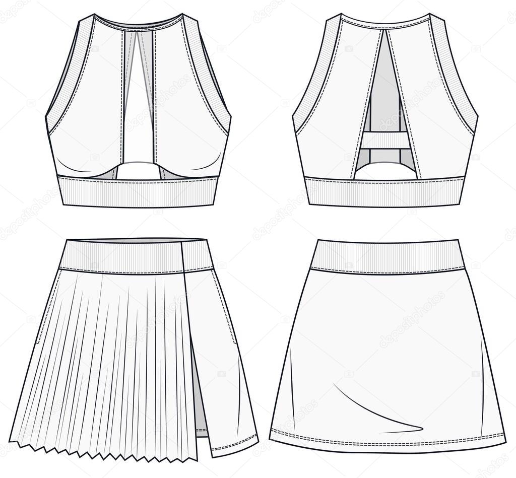 Womens Top and Skirt fashion flat  template. Sports wear fashion design set.  Girls Sport Bra with Skirt. Technical fashion illustration. Sportswear CAD.