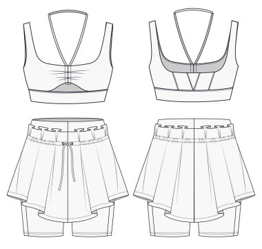Kadın sütyeni ve etek desenleri. Spor moda tasarımı seti giyer. Crop Top Moda Şablonu. Teknik Moda İllüstrasyonu. Spor Sütyen ve Spor Kanalı.