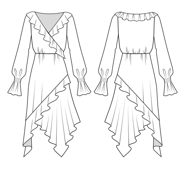 Mujer Vestido Moda Plana Plantilla Boceto Plantilla Dibujo Técnico Moda — Vector de stock